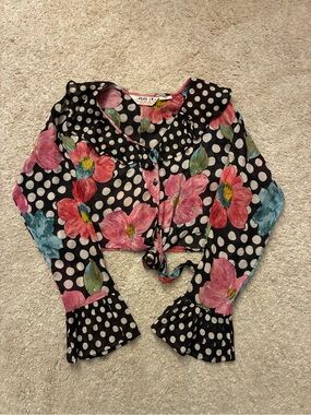 Vintage Bila California Floral Polka Dot Tie Front Blouse S